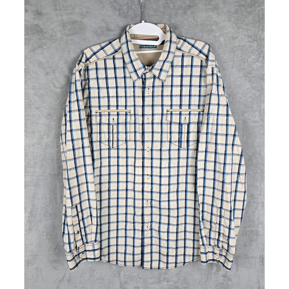 Cubavera Mens Slim Fit Long Sleeve Plaid Button Down Shirt Blue Tan Cotton L